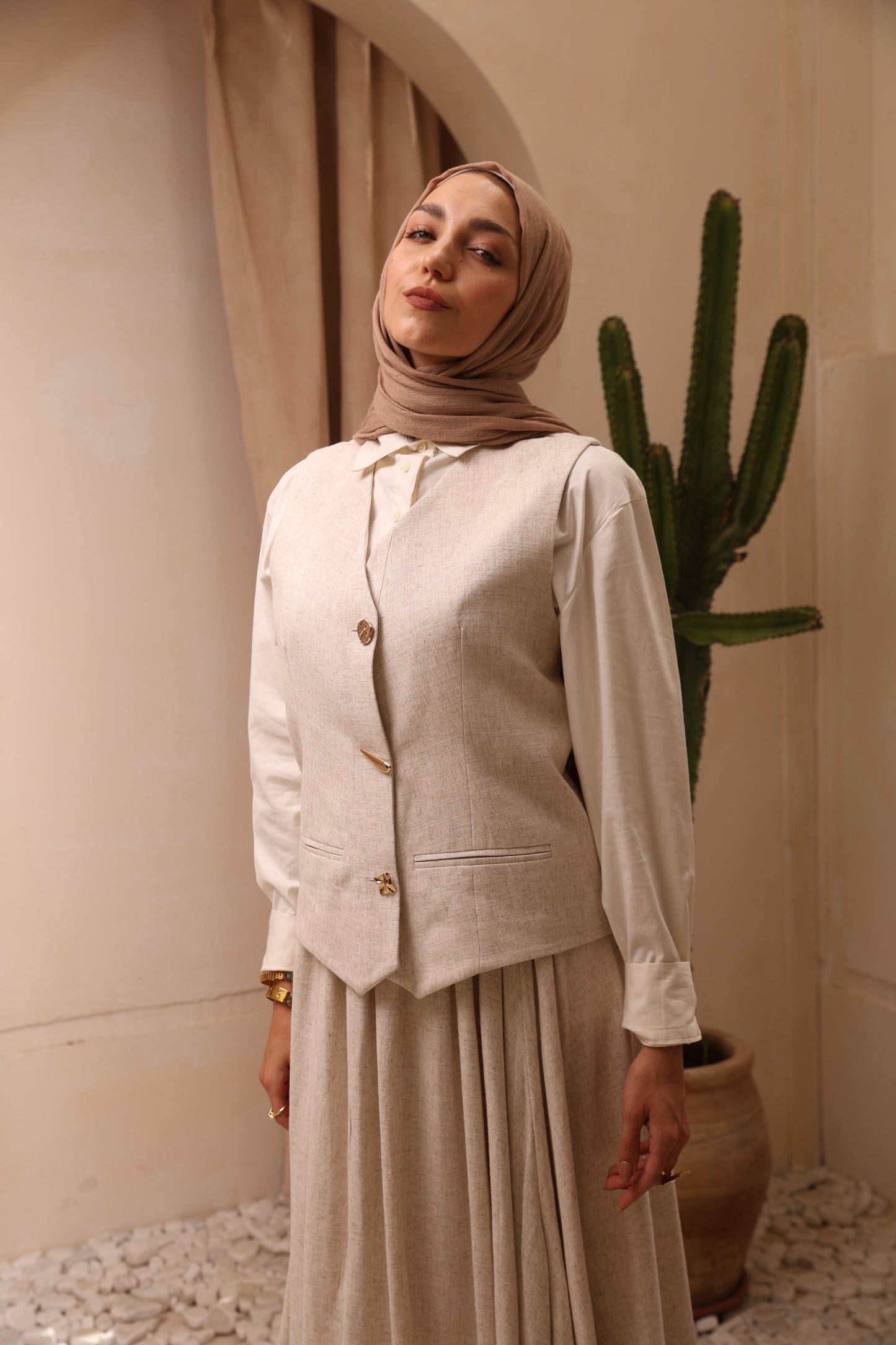 Beige Vest linen Set