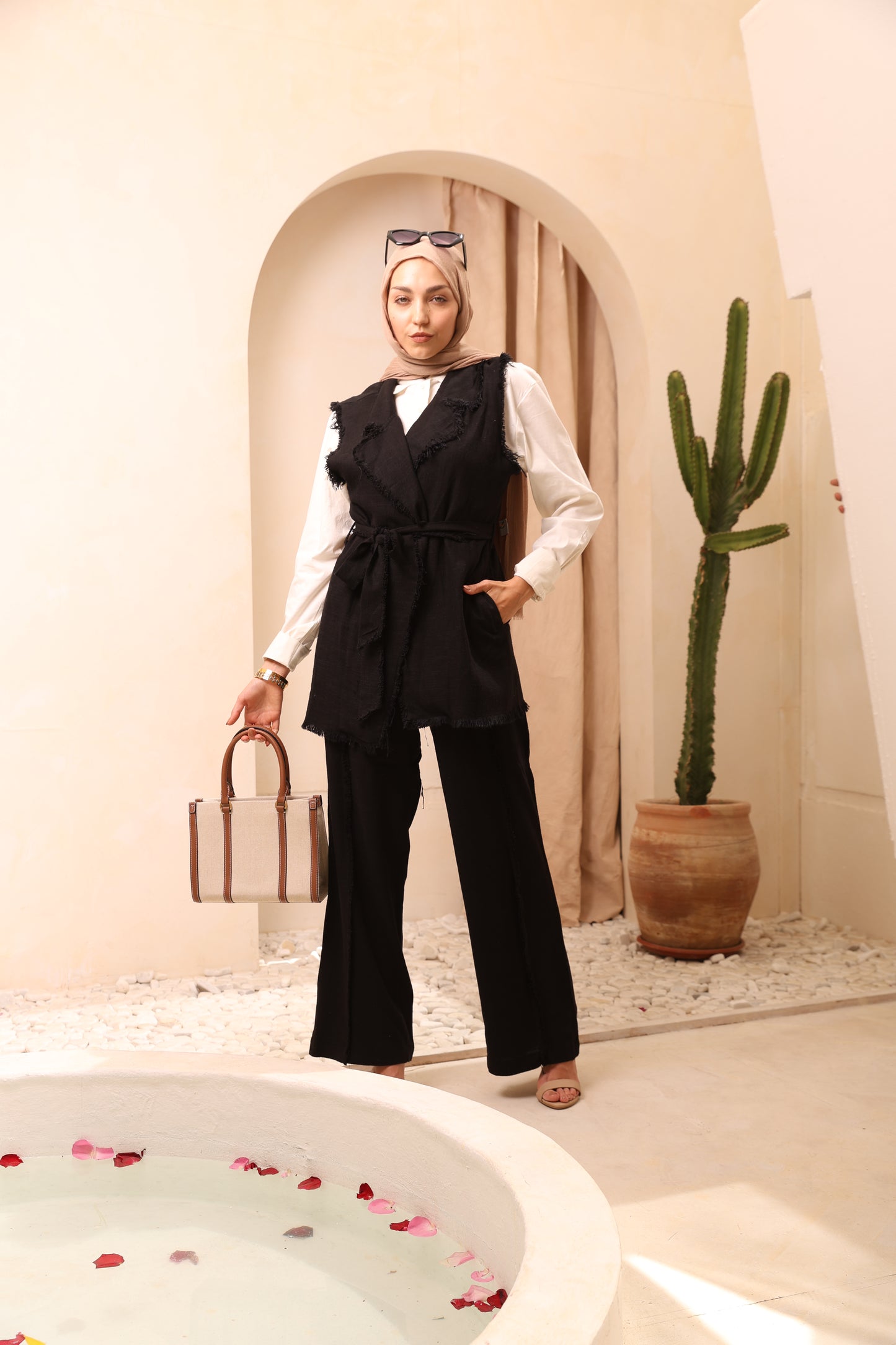 Black Linen Vest Set