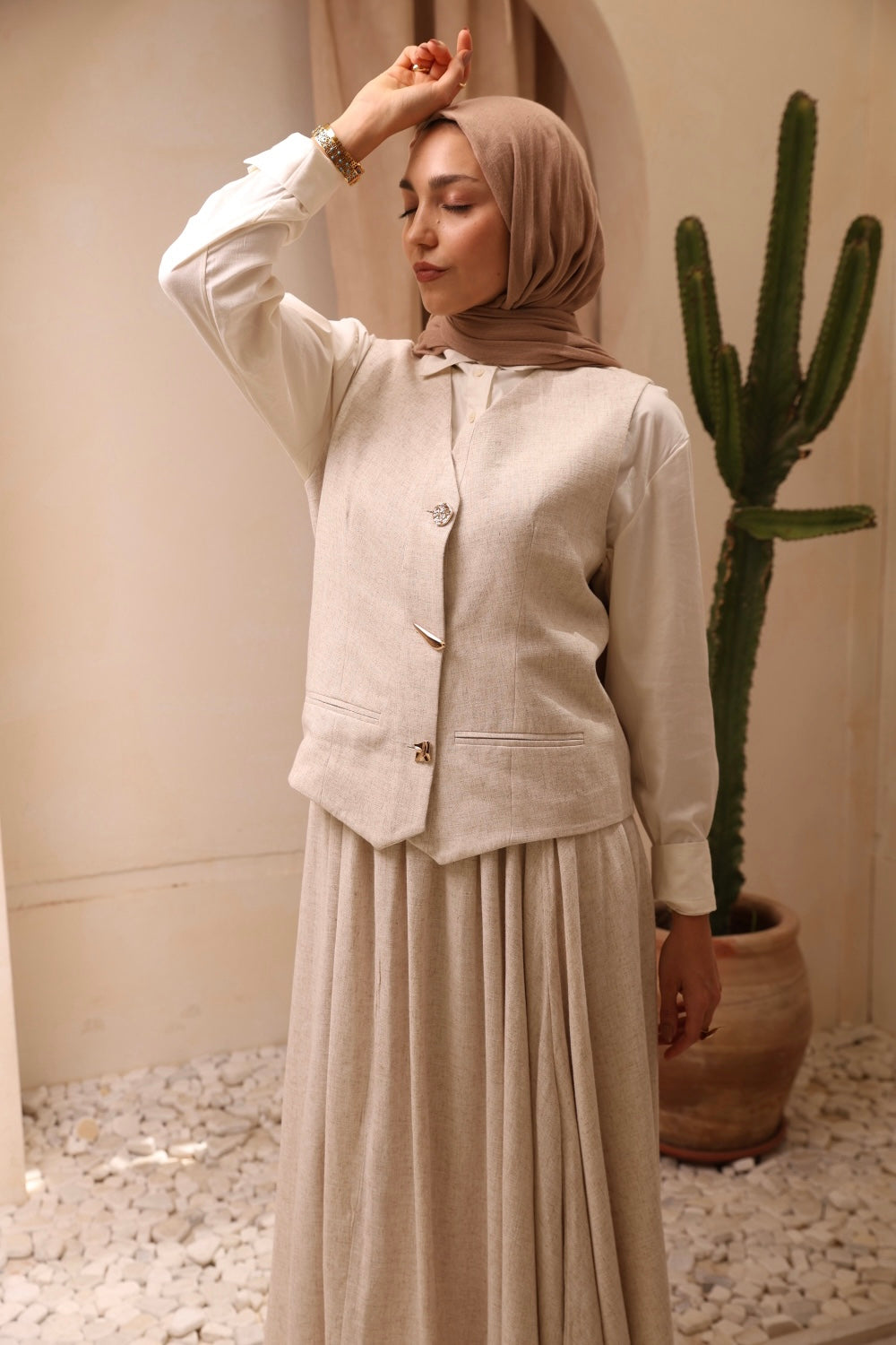 Beige Vest linen Set