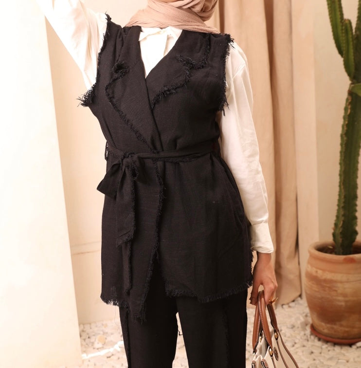 Black Linen Vest Set