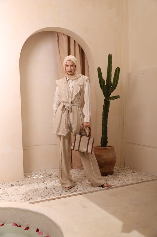 Beige Linen Vest Set