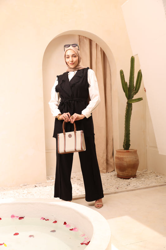 Black Linen Vest Set