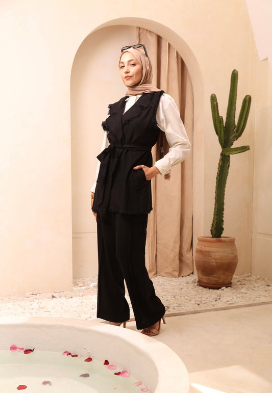 Black Linen Vest Set